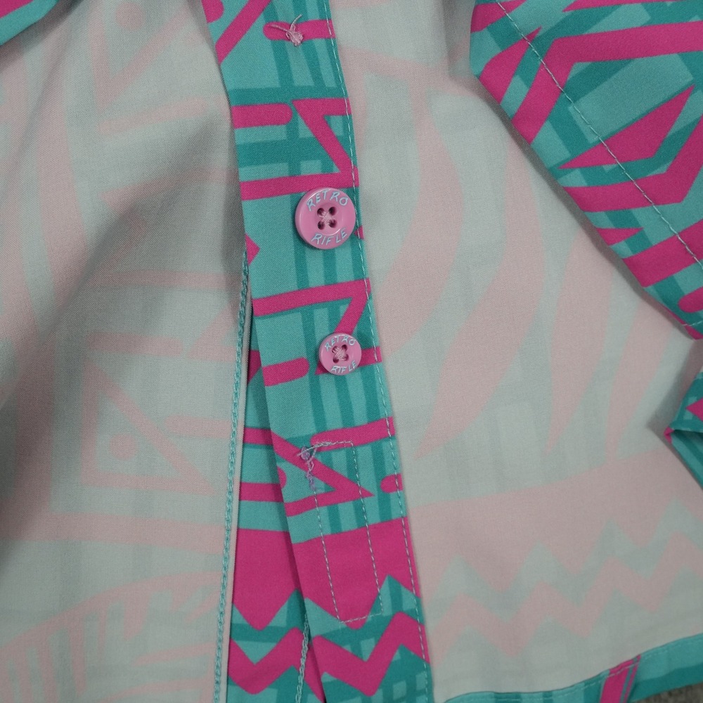 Retro Rifle Button Down Shirt Mens XL Teal Pink AK-47 Geometric Hawaiian Stretch - Picture 10 of 11